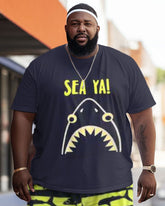 Men's Plus Size Street Sea Ya! Shark Color Block Graffiti Short Sleeve Shorts Set